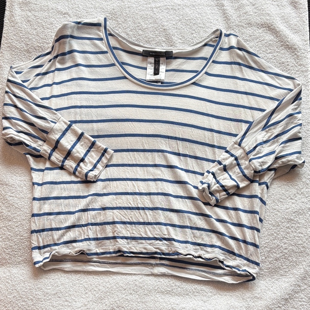 BCBGMaxAzria Blue and White Striped Long Sleeve Top